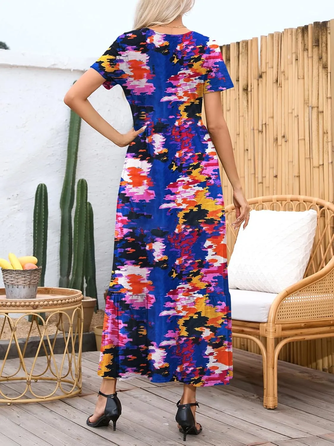 Womens Casual Short Sleeve Dresses Crewneck Basic Swing Maxi Dress Flowy Long Sundress with Pockets
