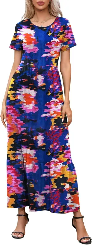 Womens Casual Short Sleeve Dresses Crewneck Basic Swing Maxi Dress Flowy Long Sundress with Pockets