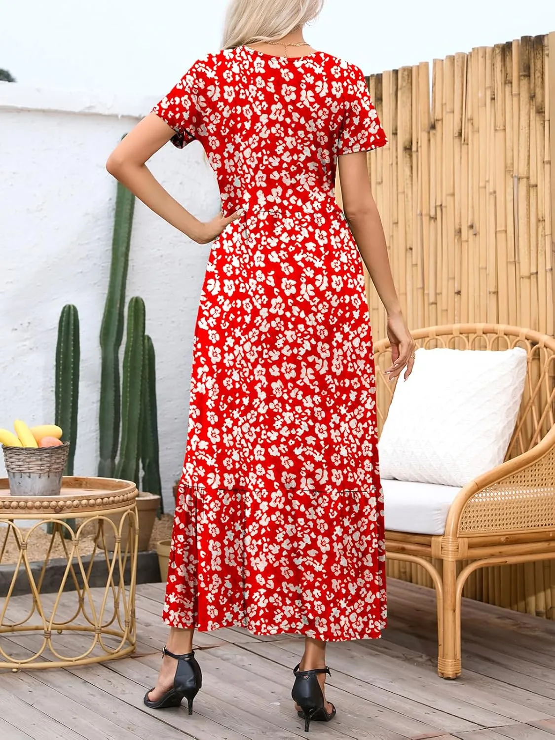 Womens Casual Short Sleeve Dresses Crewneck Basic Swing Maxi Dress Flowy Long Sundress with Pockets