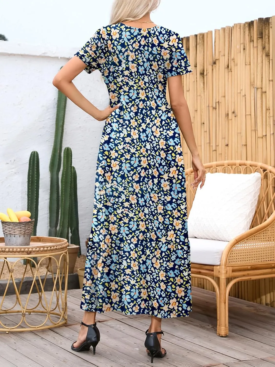Womens Casual Short Sleeve Dresses Crewneck Basic Swing Maxi Dress Flowy Long Sundress with Pockets