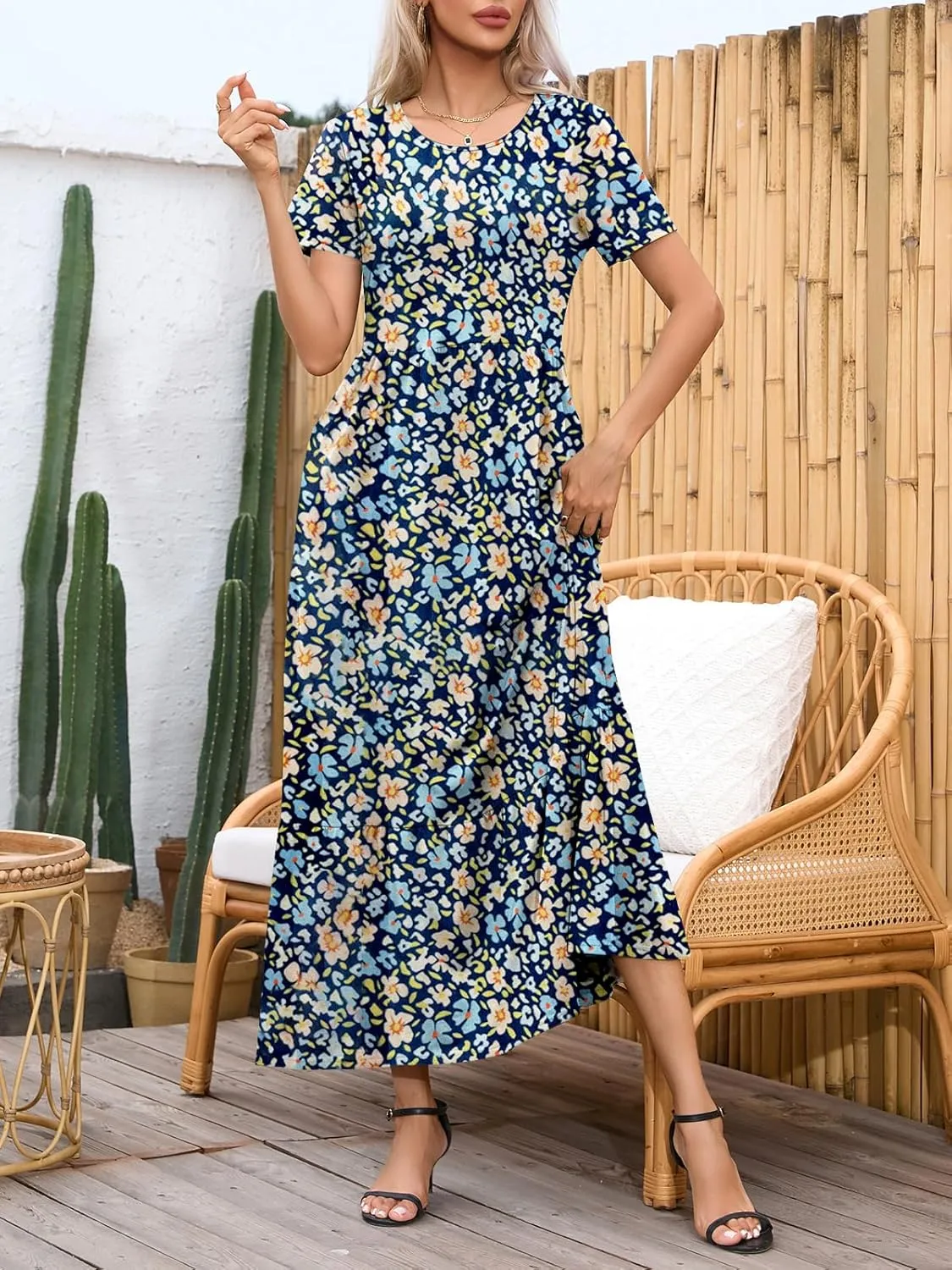 Womens Casual Short Sleeve Dresses Crewneck Basic Swing Maxi Dress Flowy Long Sundress with Pockets