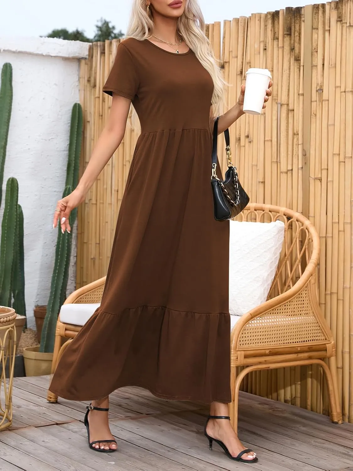 Womens Casual Short Sleeve Dresses Crewneck Basic Swing Maxi Dress Flowy Long Sundress with Pockets