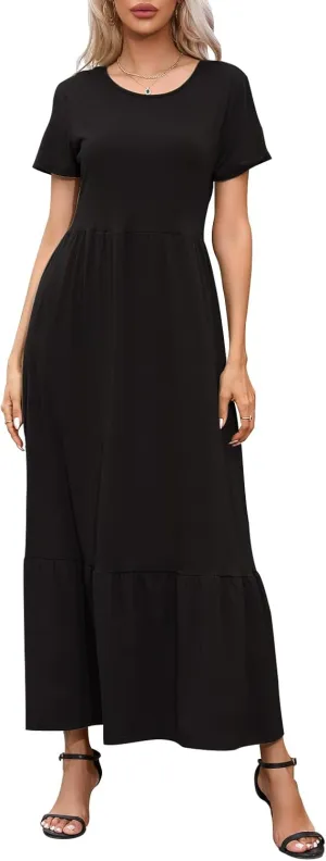 Womens Casual Short Sleeve Dresses Crewneck Basic Swing Maxi Dress Flowy Long Sundress with Pockets