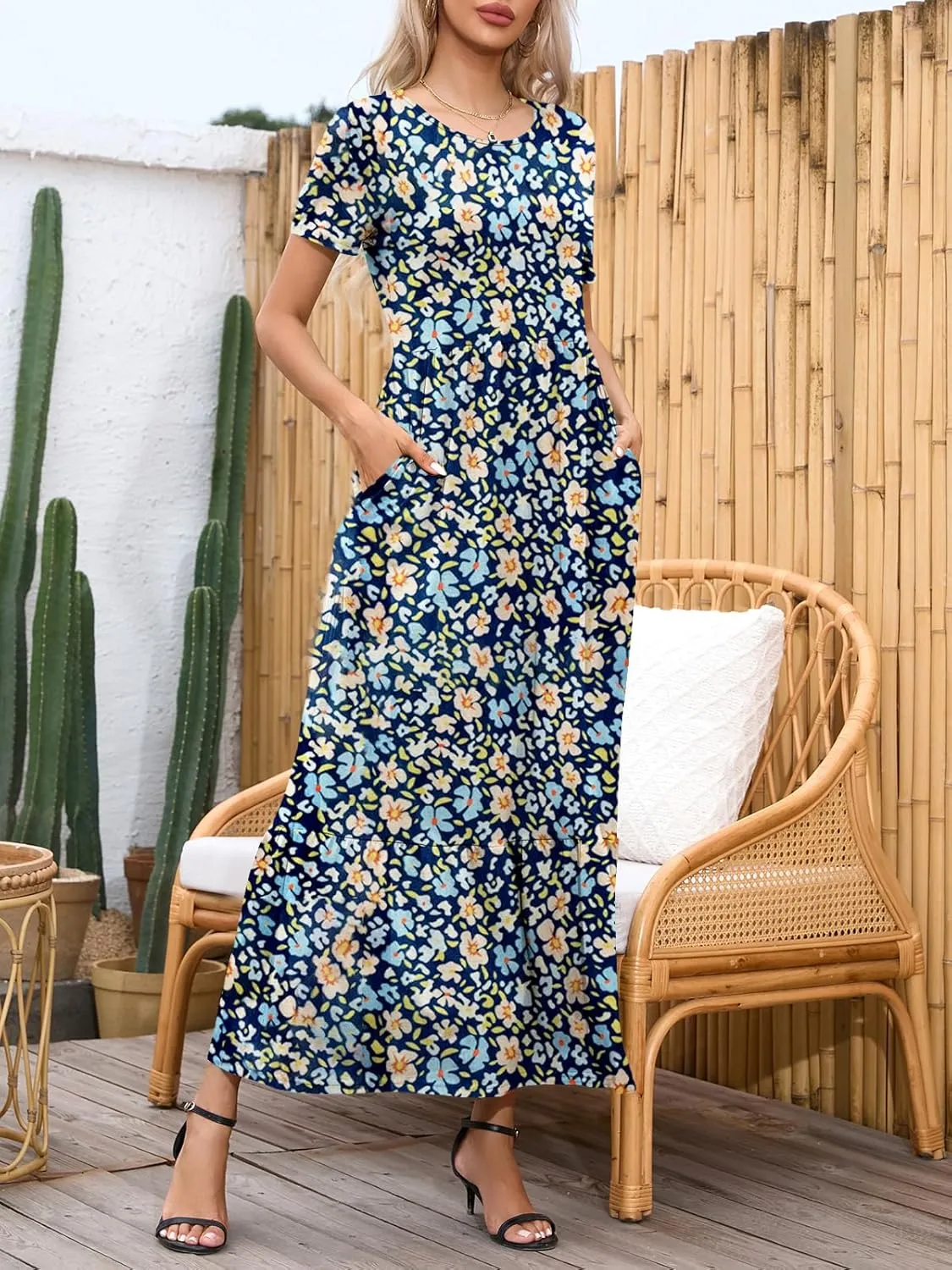 Womens Casual Short Sleeve Dresses Crewneck Basic Swing Maxi Dress Flowy Long Sundress with Pockets