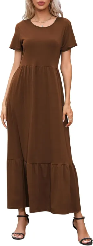 Womens Casual Short Sleeve Dresses Crewneck Basic Swing Maxi Dress Flowy Long Sundress with Pockets