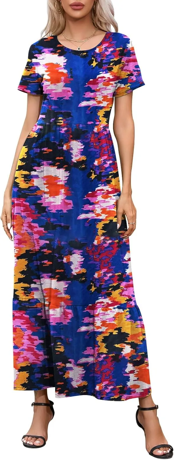 Womens Casual Short Sleeve Dresses Crewneck Basic Swing Maxi Dress Flowy Long Sundress with Pockets