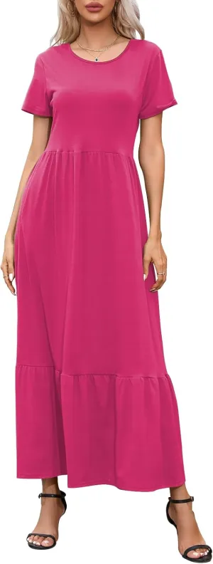 Womens Casual Short Sleeve Dresses Crewneck Basic Swing Maxi Dress Flowy Long Sundress with Pockets