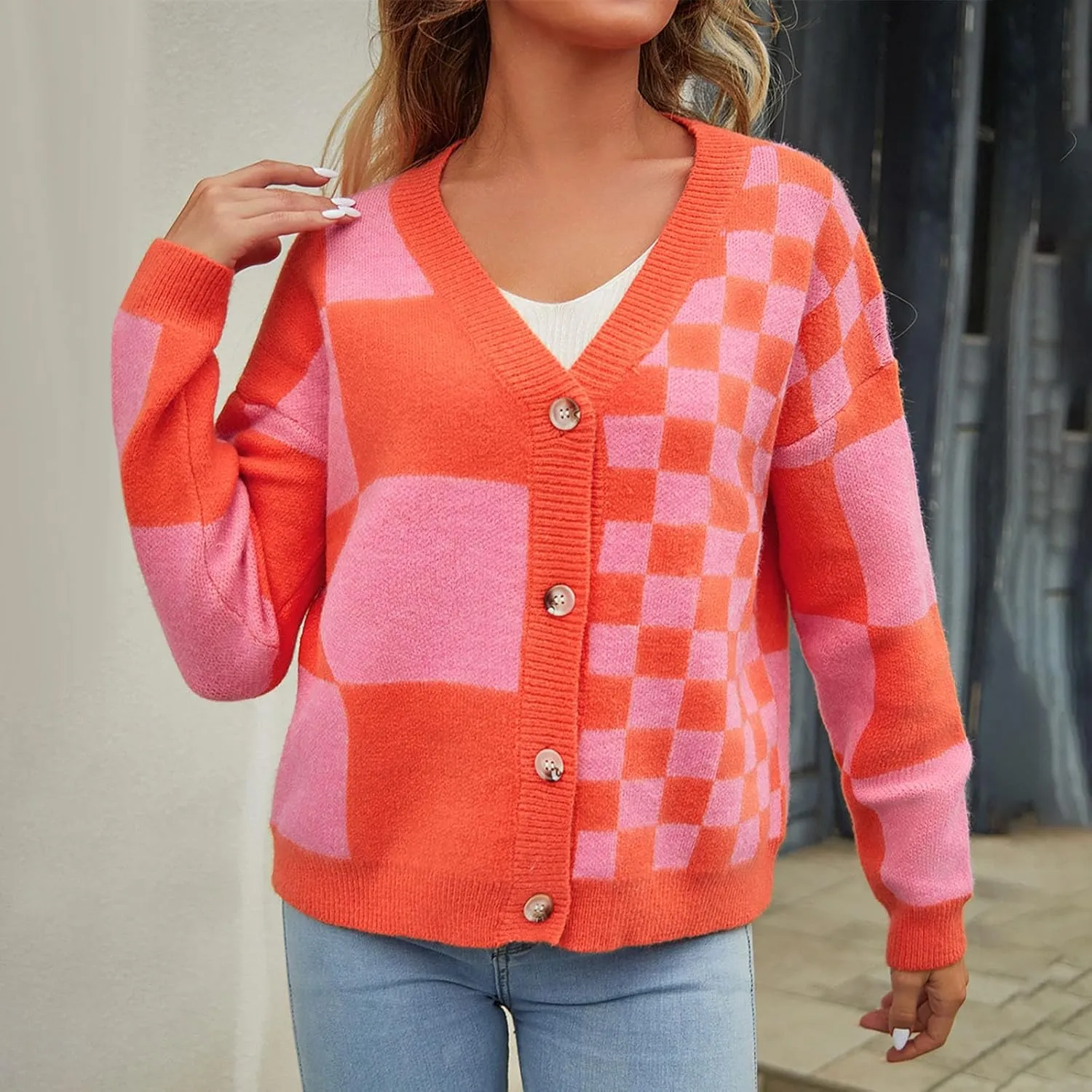 Women's Checkered Cardigan Long Sleeve V Neck Button Down Lightweight Cropped Sweaters Casual Soft Knitted Outerwear