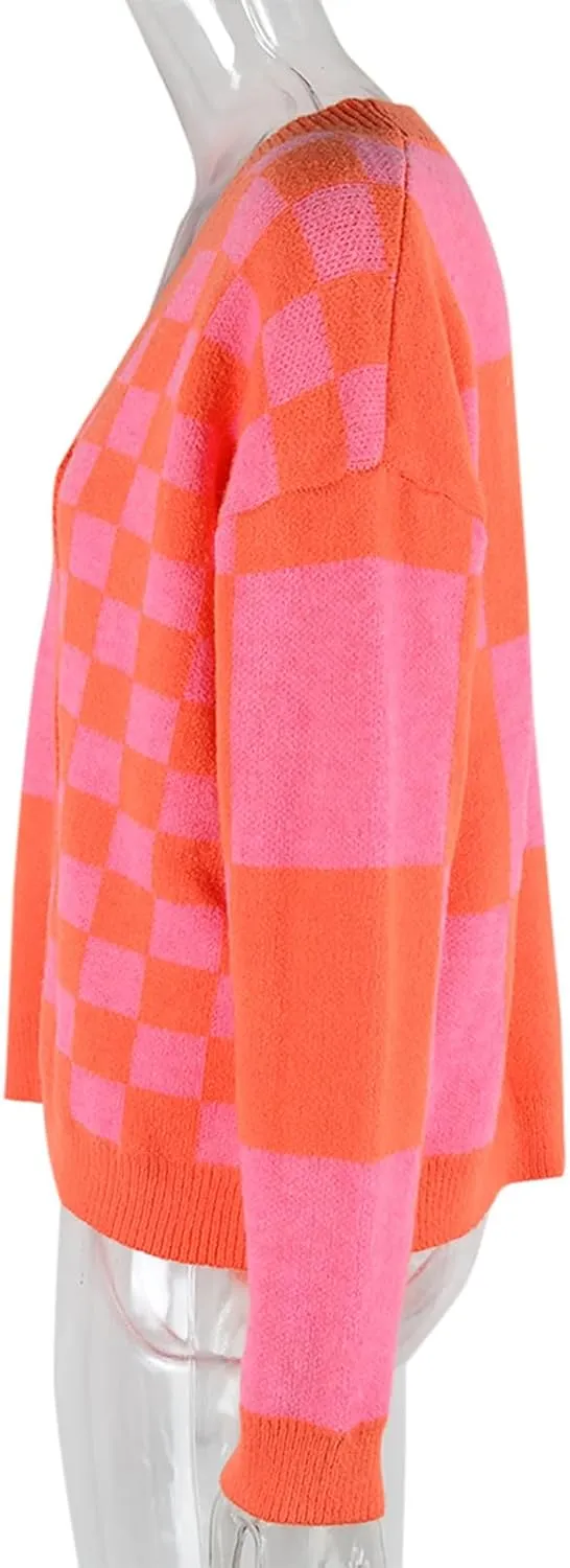 Women's Checkered Cardigan Long Sleeve V Neck Button Down Lightweight Cropped Sweaters Casual Soft Knitted Outerwear