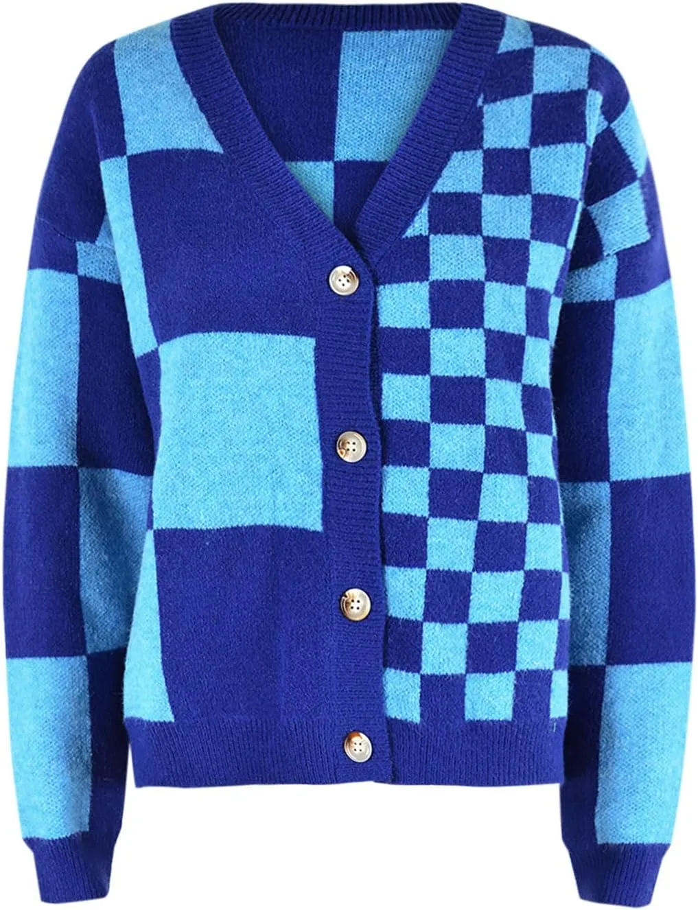Women's Checkered Cardigan Long Sleeve V Neck Button Down Lightweight Cropped Sweaters Casual Soft Knitted Outerwear