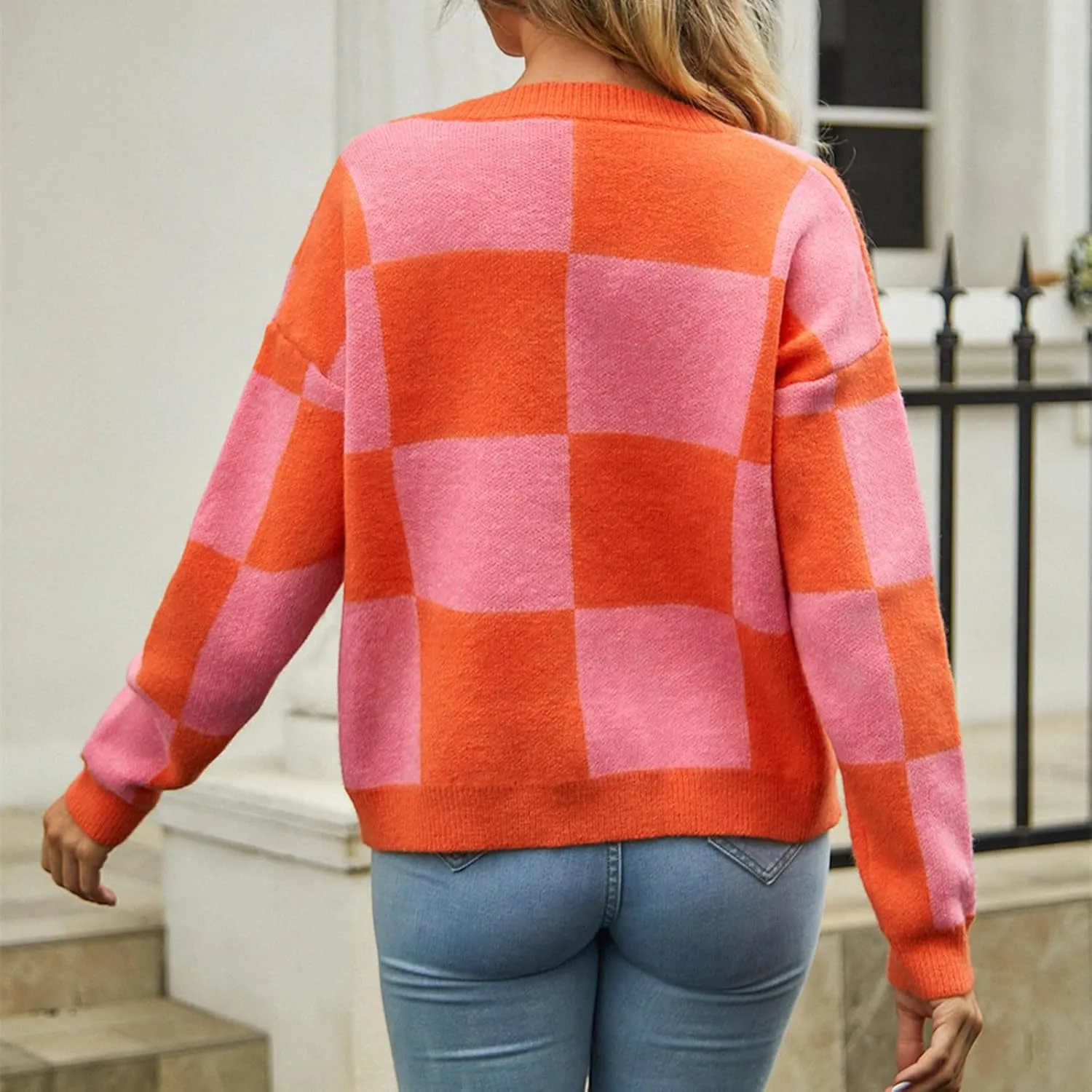 Women's Checkered Cardigan Long Sleeve V Neck Button Down Lightweight Cropped Sweaters Casual Soft Knitted Outerwear