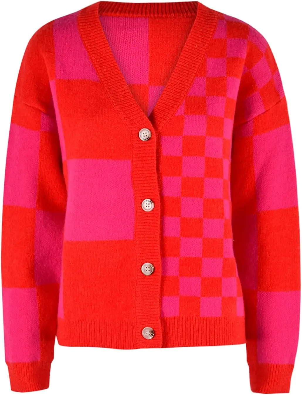 Women's Checkered Cardigan Long Sleeve V Neck Button Down Lightweight Cropped Sweaters Casual Soft Knitted Outerwear