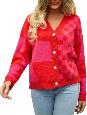 Women's Checkered Cardigan Long Sleeve V Neck Button Down Lightweight Cropped Sweaters Casual Soft Knitted Outerwear