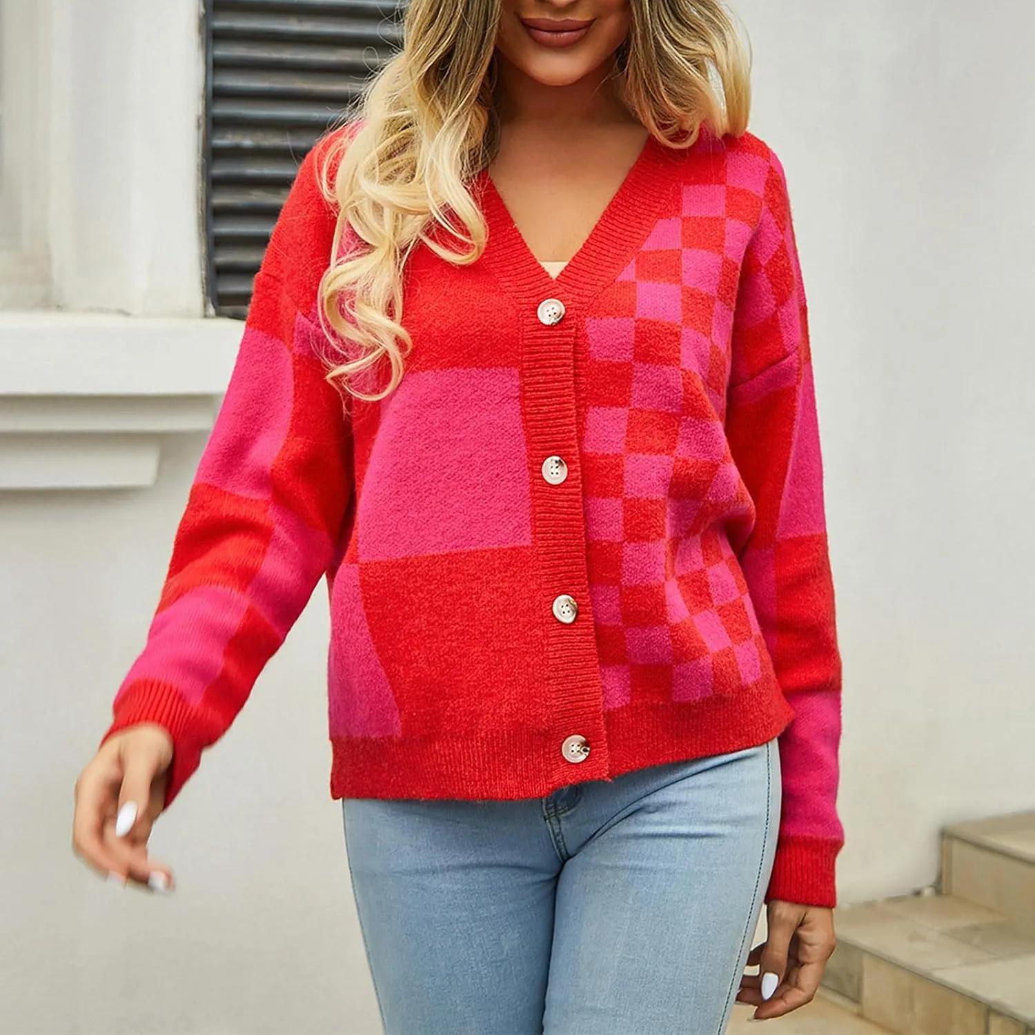 Women's Checkered Cardigan Long Sleeve V Neck Button Down Lightweight Cropped Sweaters Casual Soft Knitted Outerwear