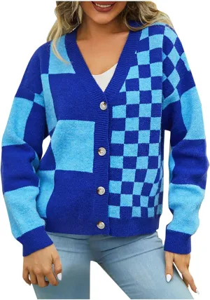 Women's Checkered Cardigan Long Sleeve V Neck Button Down Lightweight Cropped Sweaters Casual Soft Knitted Outerwear