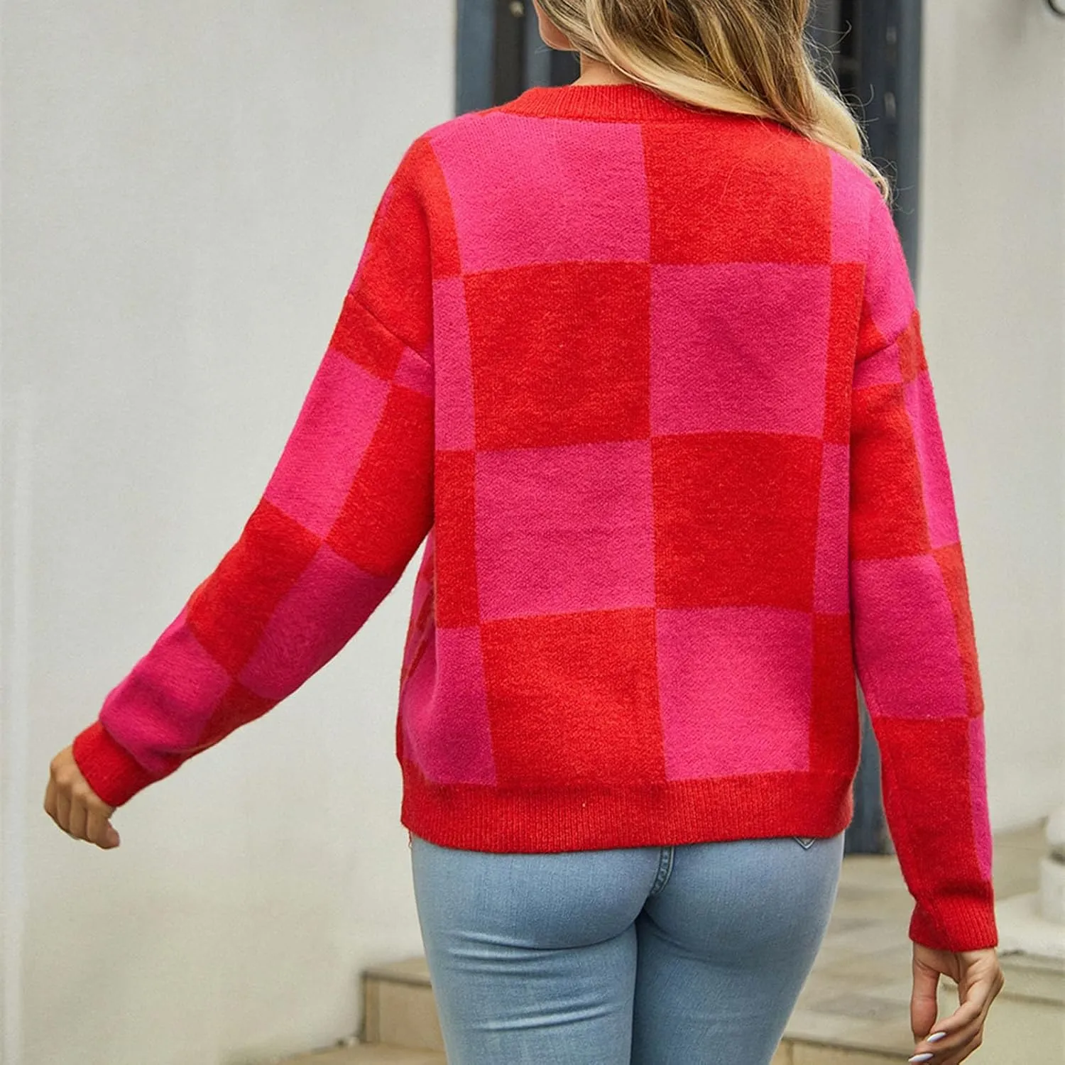 Women's Checkered Cardigan Long Sleeve V Neck Button Down Lightweight Cropped Sweaters Casual Soft Knitted Outerwear