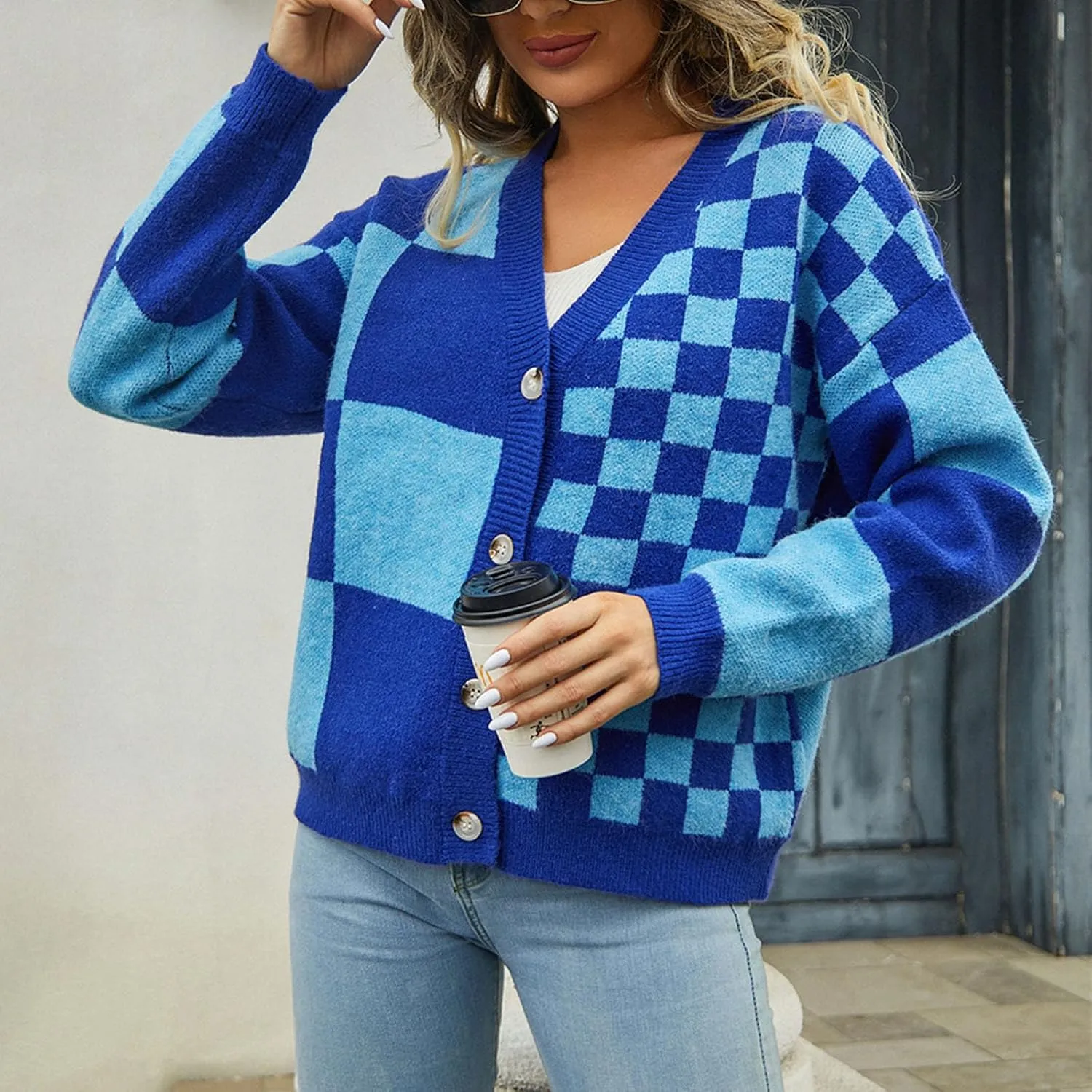 Women's Checkered Cardigan Long Sleeve V Neck Button Down Lightweight Cropped Sweaters Casual Soft Knitted Outerwear