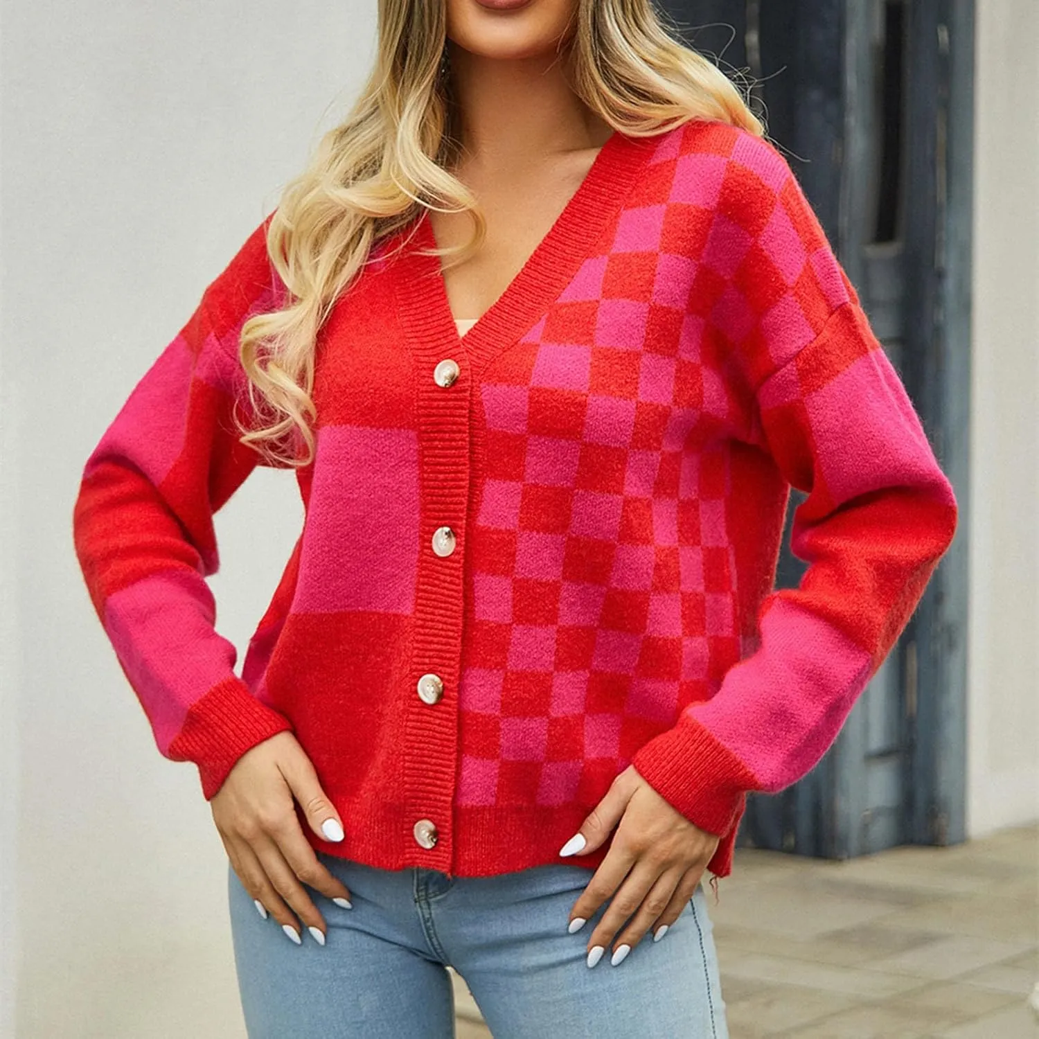 Women's Checkered Cardigan Long Sleeve V Neck Button Down Lightweight Cropped Sweaters Casual Soft Knitted Outerwear