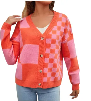 Women's Checkered Cardigan Long Sleeve V Neck Button Down Lightweight Cropped Sweaters Casual Soft Knitted Outerwear