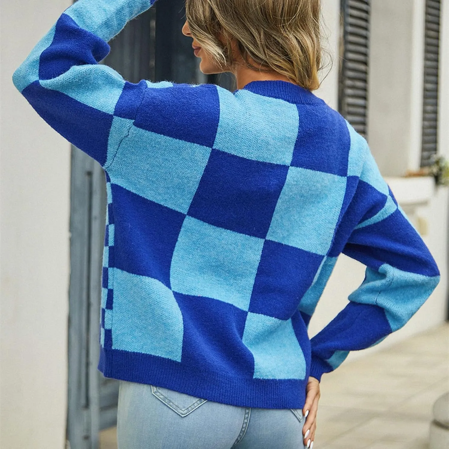 Women's Checkered Cardigan Long Sleeve V Neck Button Down Lightweight Cropped Sweaters Casual Soft Knitted Outerwear