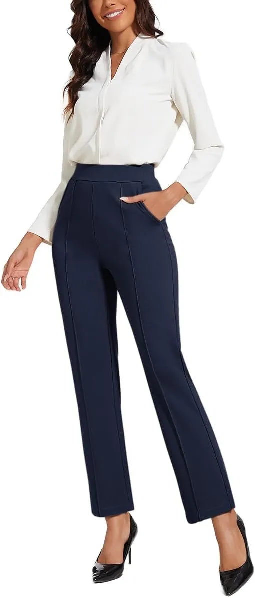 Women's Classic Stretchy Pull On High Rise Pants Straight Leg Slacks