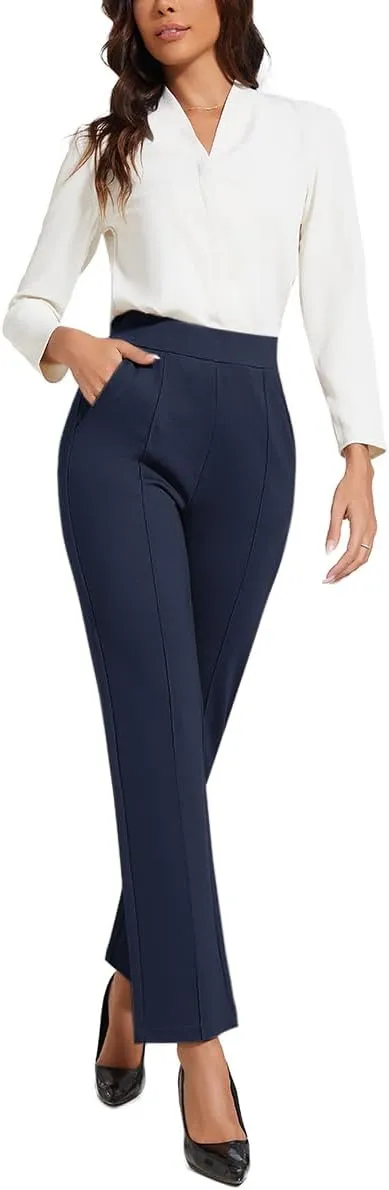 Women's Classic Stretchy Pull On High Rise Pants Straight Leg Slacks