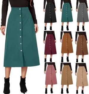 Womens Corduroy Long Skirts High Waist A-Line Vintage Corduroy Midi Skirt Button Front Straight Casual Fall Skirt