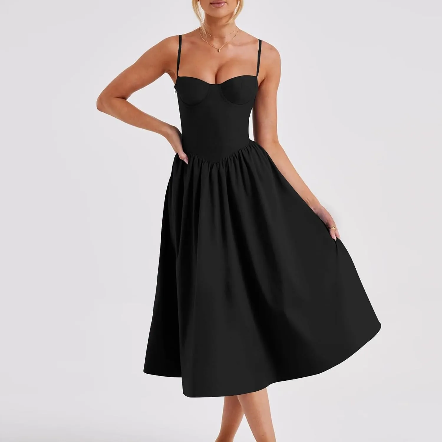 Womens Corset Dress Spaghetti Strap Bustier Midi Dress Sexy Partydress Flowy Pleated Hem Low Cut Prom Dresses