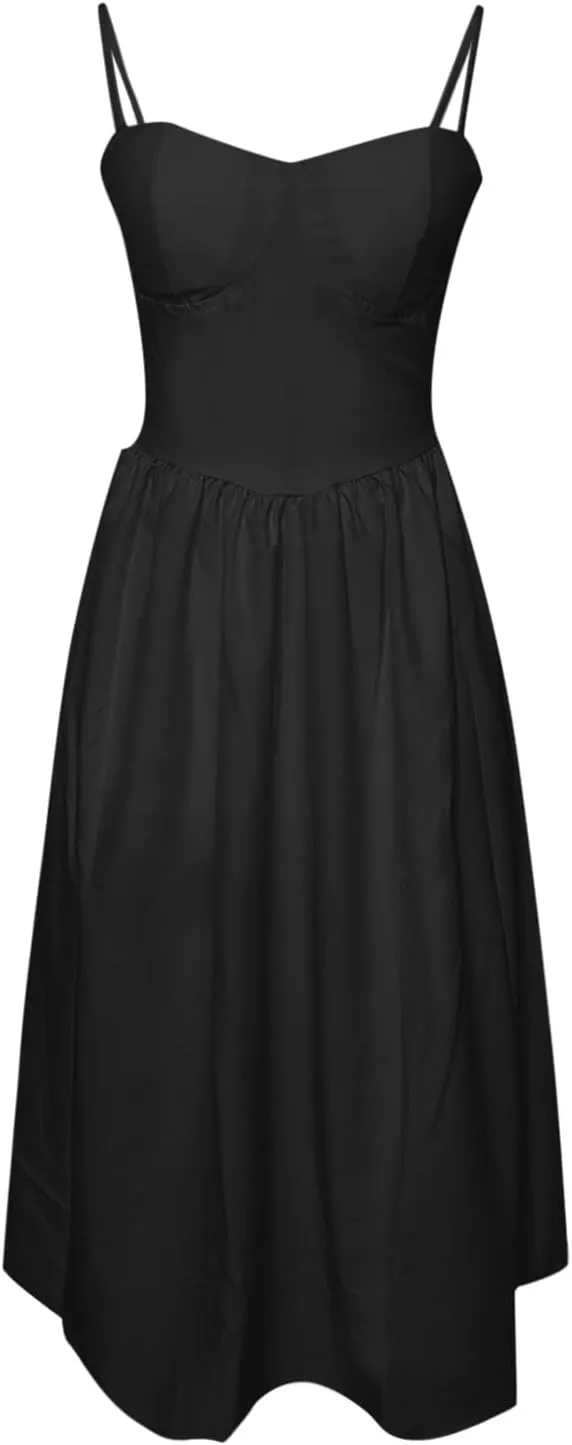 Womens Corset Dress Spaghetti Strap Bustier Midi Dress Sexy Partydress Flowy Pleated Hem Low Cut Prom Dresses