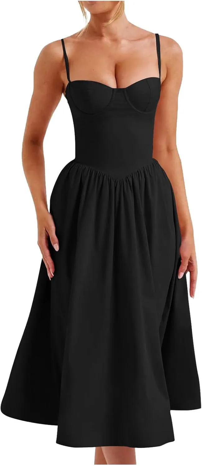 Womens Corset Dress Spaghetti Strap Bustier Midi Dress Sexy Partydress Flowy Pleated Hem Low Cut Prom Dresses