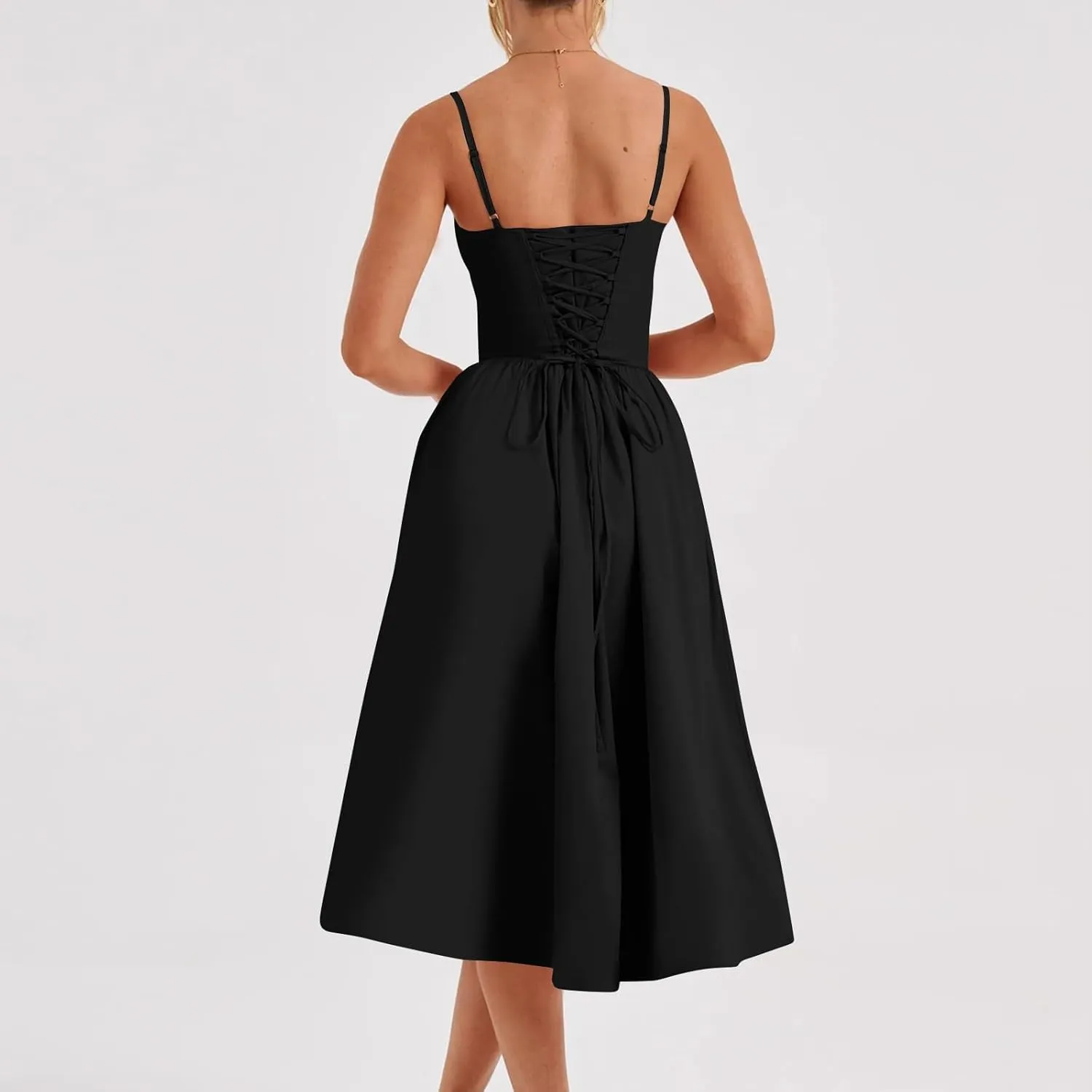 Womens Corset Dress Spaghetti Strap Bustier Midi Dress Sexy Partydress Flowy Pleated Hem Low Cut Prom Dresses