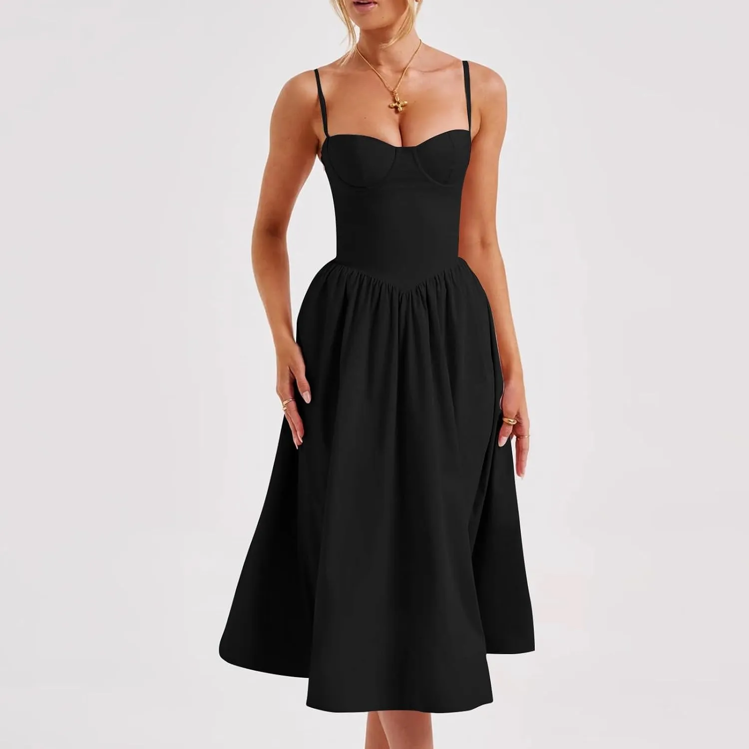Womens Corset Dress Spaghetti Strap Bustier Midi Dress Sexy Partydress Flowy Pleated Hem Low Cut Prom Dresses