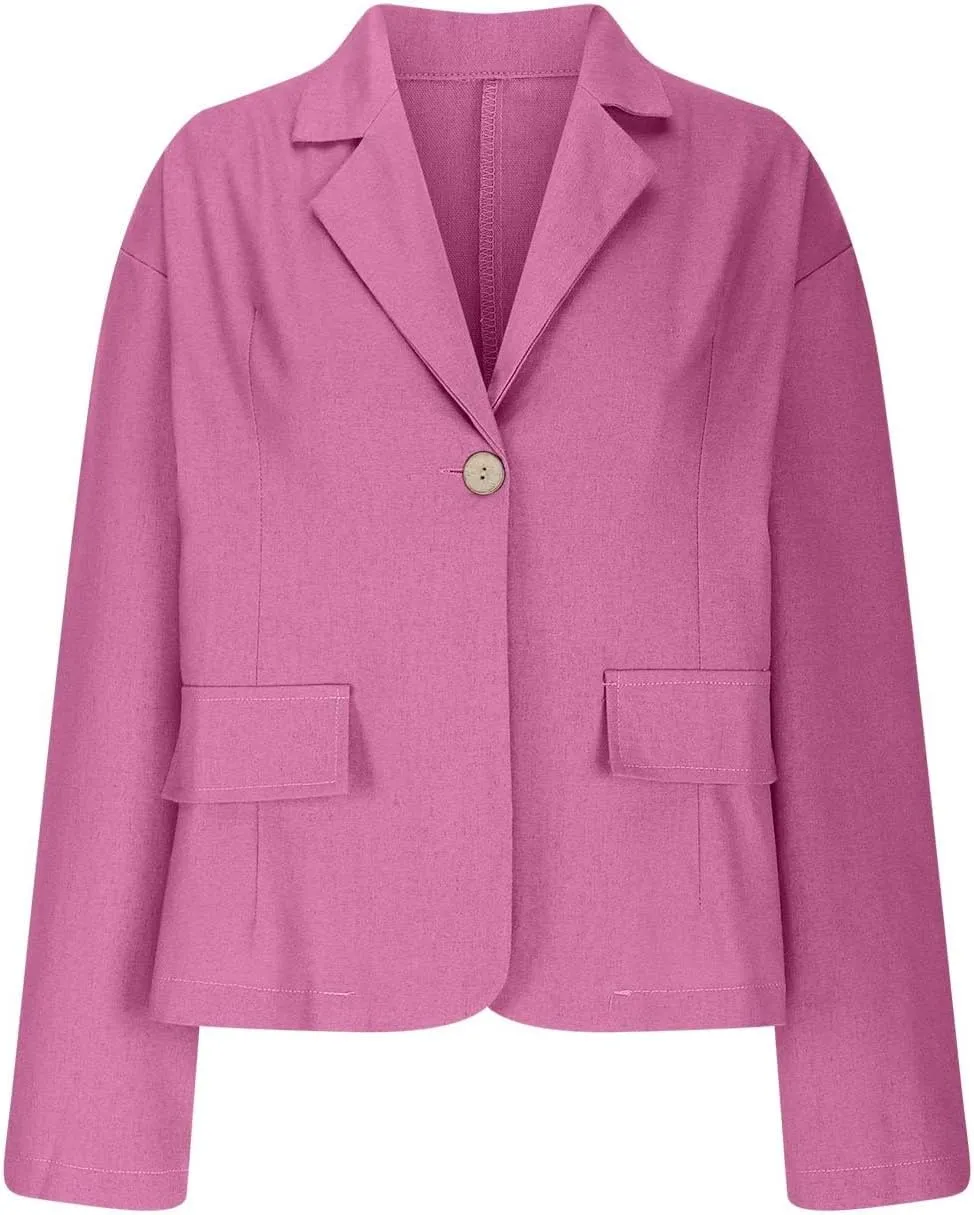 Women's Cotton Linen Blazer Long Sleeve Jacket Summer Lightweight Lapel Button Suit Ladies Business Casual Clothes