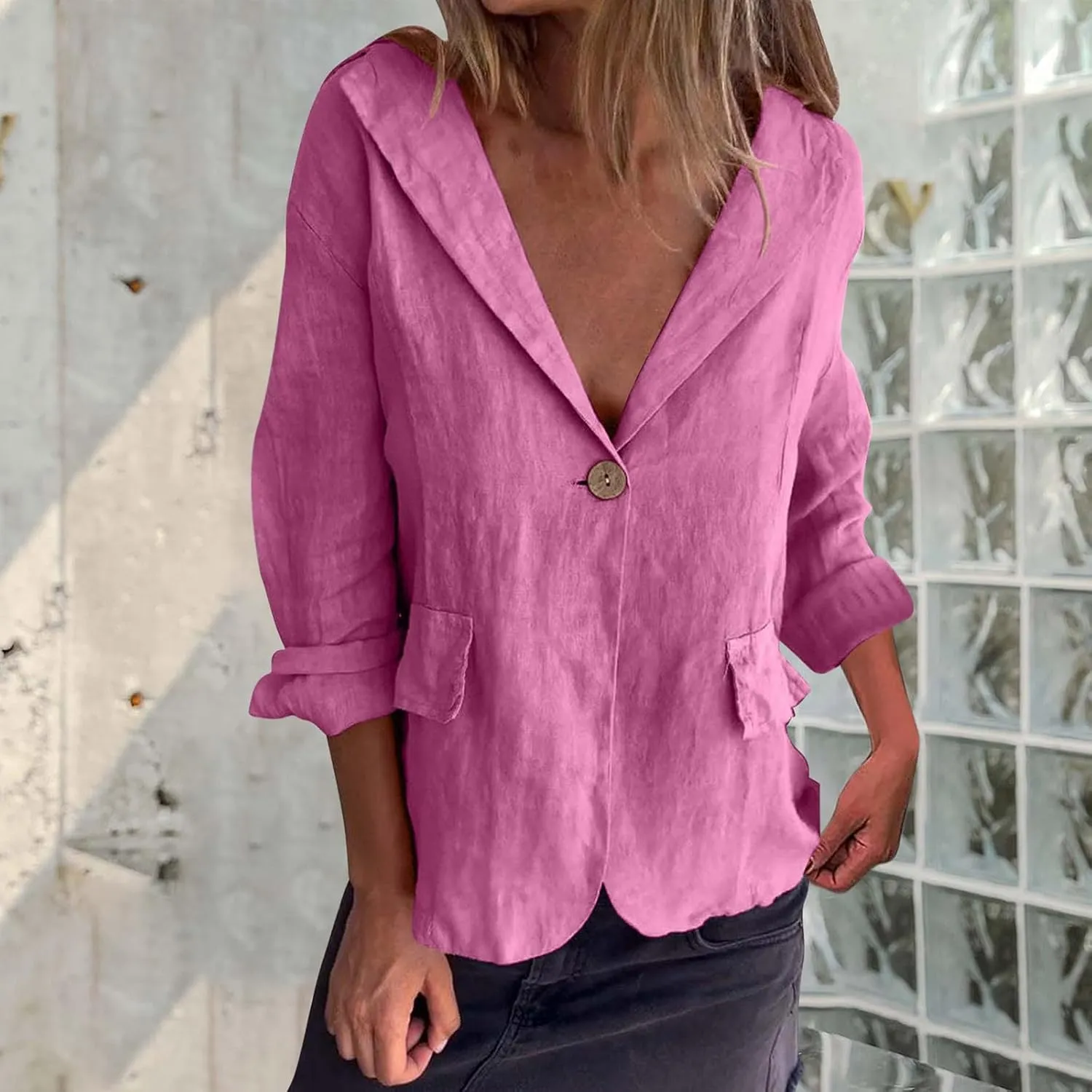 Women's Cotton Linen Blazer Long Sleeve Jacket Summer Lightweight Lapel Button Suit Ladies Business Casual Clothes