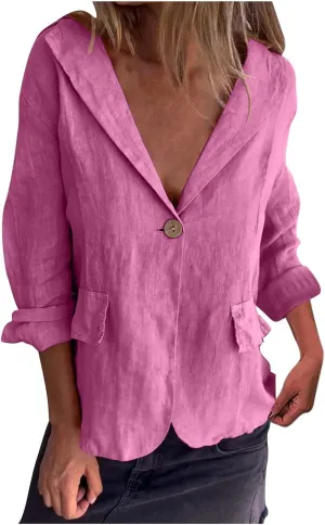 Women's Cotton Linen Blazer Long Sleeve Jacket Summer Lightweight Lapel Button Suit Ladies Business Casual Clothes