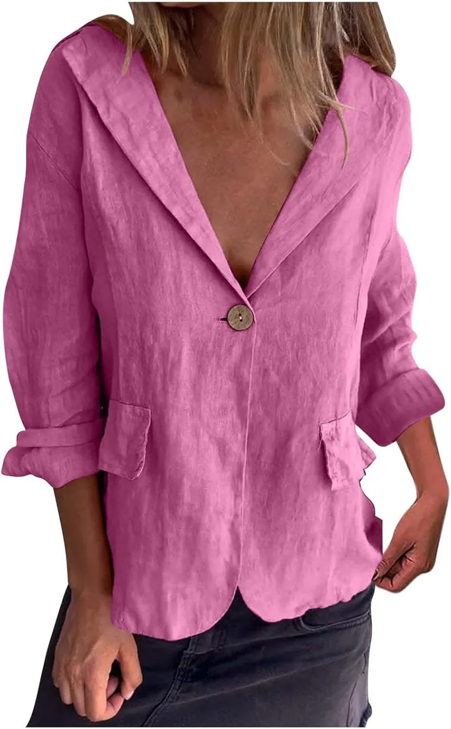 Women's Cotton Linen Blazer Long Sleeve Jacket Summer Lightweight Lapel Button Suit Ladies Business Casual Clothes