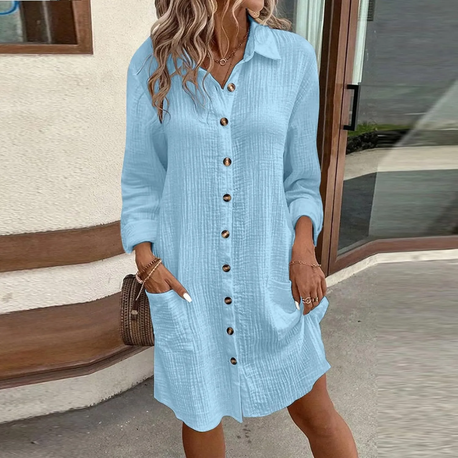 Womens Cotton Linen Dresses Fall Button Down Lapel Collar Long Sleeve Knee Length Tunic Shirt Midi Dress with Pockets