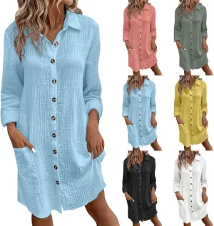 Womens Cotton Linen Dresses Fall Button Down Lapel Collar Long Sleeve Knee Length Tunic Shirt Midi Dress with Pockets