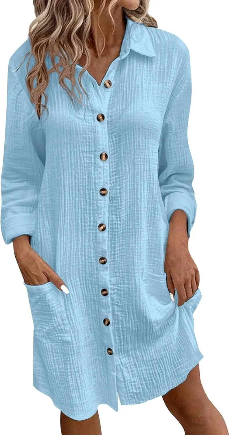 Womens Cotton Linen Dresses Fall Button Down Lapel Collar Long Sleeve Knee Length Tunic Shirt Midi Dress with Pockets