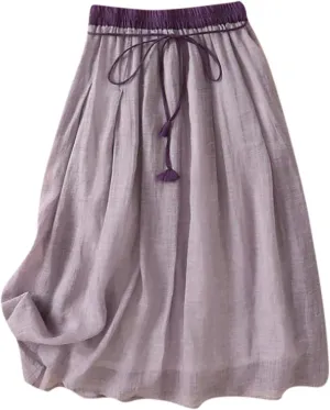Women's Cotton Linen Skirts High Waist Skirt Vintage Solid Color Wrap Skirt Layered Drawstring Knee Length Skirt