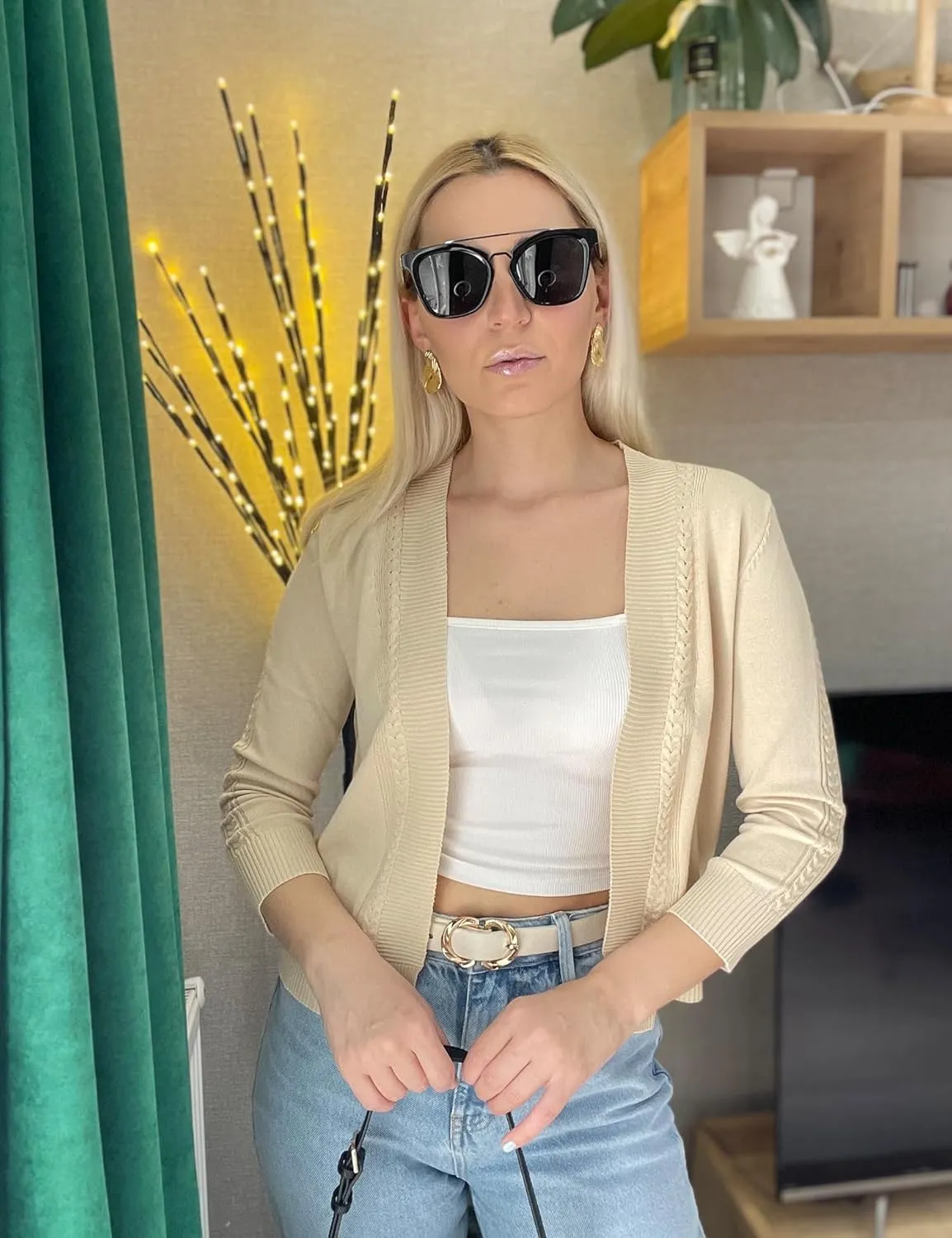 Women's Cropped Cardigan Sweater 3/4 Sleeve Open Front Bolero Shrug Sweaters Soft Cotton Knit Jacket Top