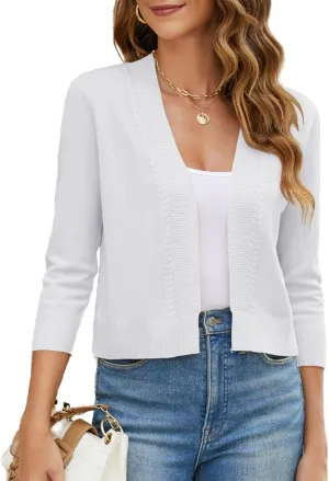 Women's Cropped Cardigan Sweater 3/4 Sleeve Open Front Bolero Shrug Sweaters Soft Cotton Knit Jacket Top