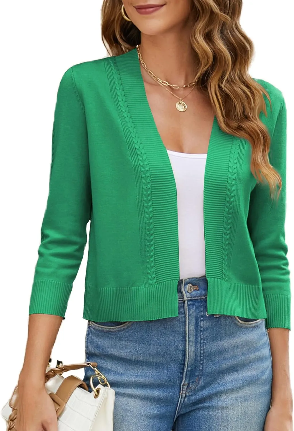 Women's Cropped Cardigan Sweater 3/4 Sleeve Open Front Bolero Shrug Sweaters Soft Cotton Knit Jacket Top