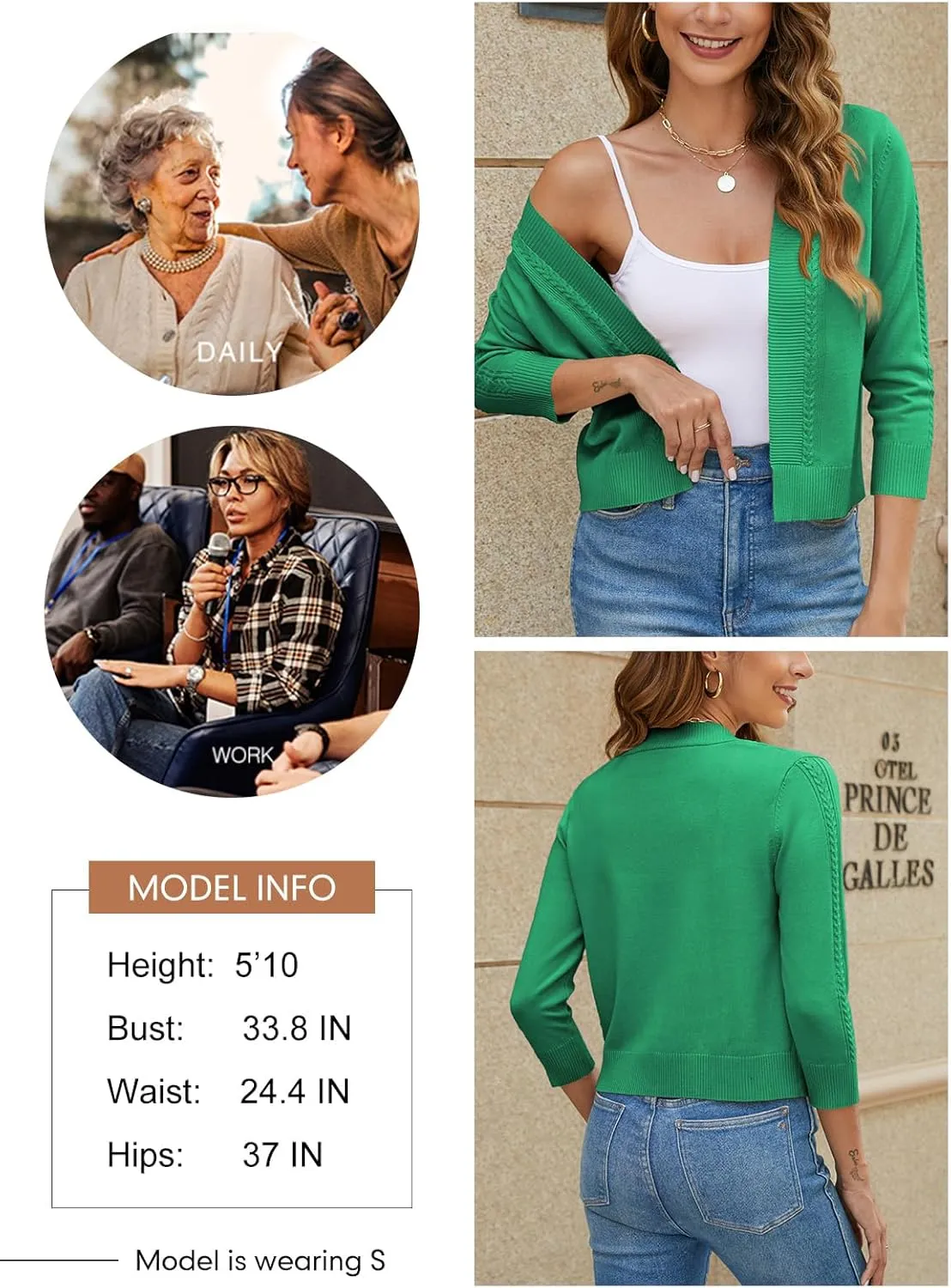 Women's Cropped Cardigan Sweater 3/4 Sleeve Open Front Bolero Shrug Sweaters Soft Cotton Knit Jacket Top