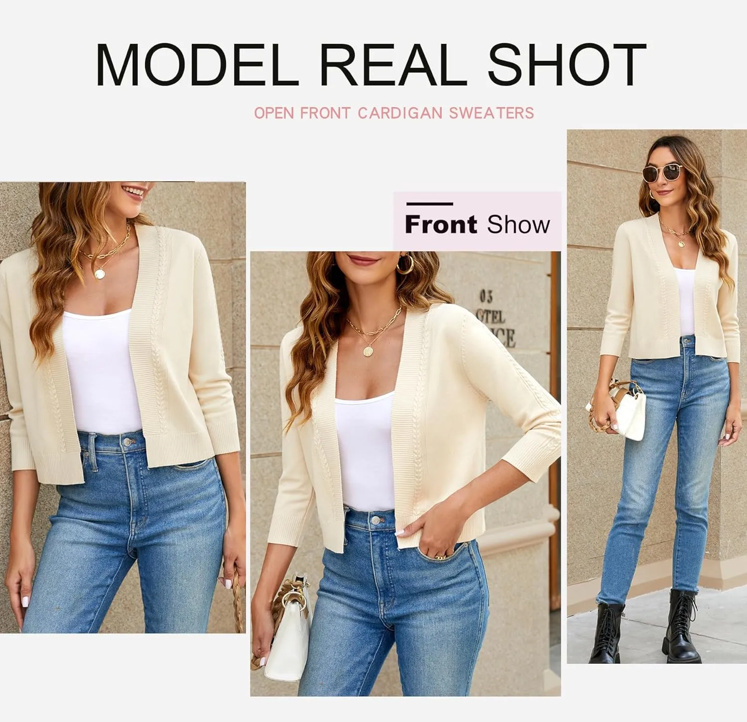 Women's Cropped Cardigan Sweater 3/4 Sleeve Open Front Bolero Shrug Sweaters Soft Cotton Knit Jacket Top