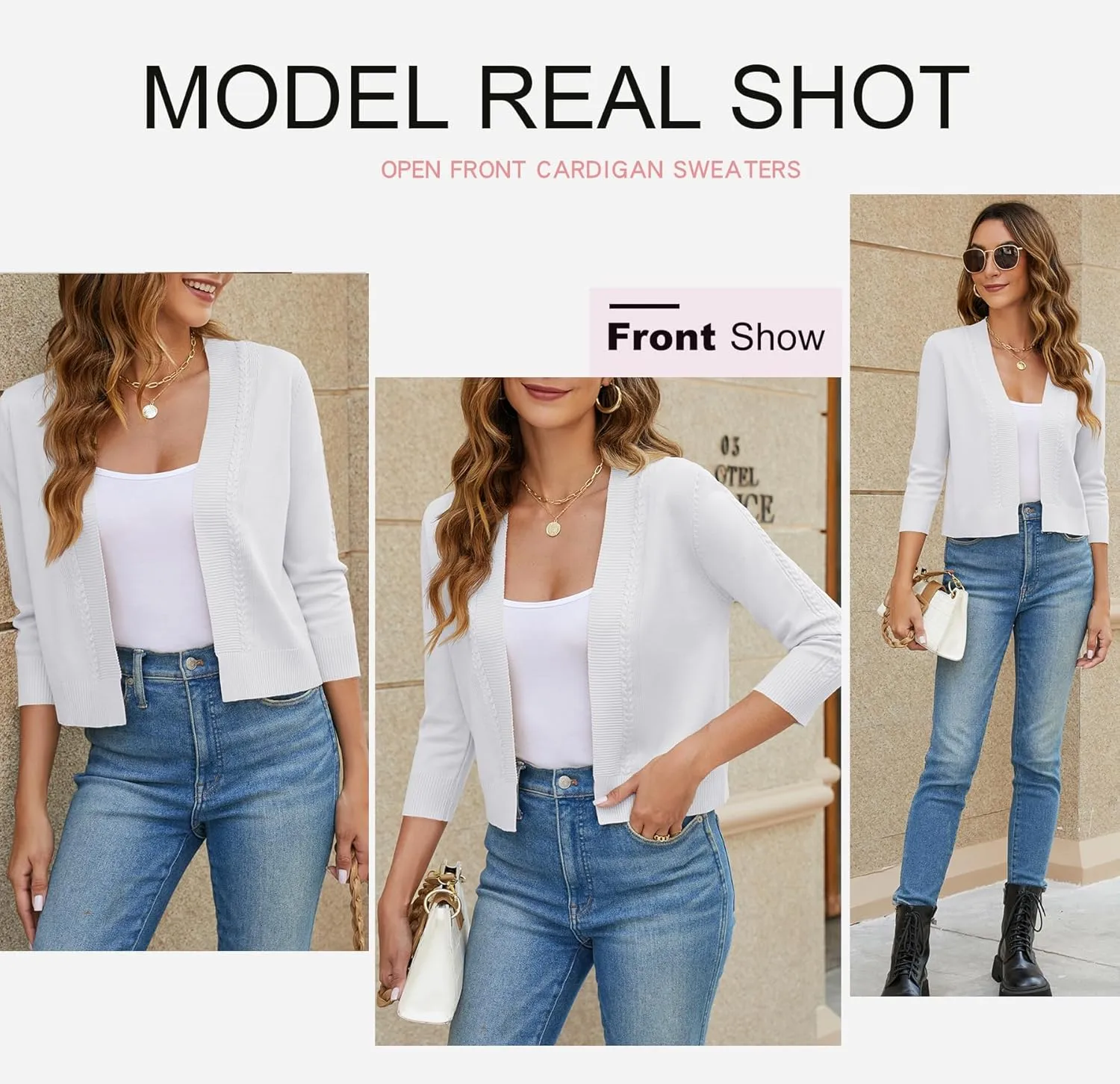 Women's Cropped Cardigan Sweater 3/4 Sleeve Open Front Bolero Shrug Sweaters Soft Cotton Knit Jacket Top