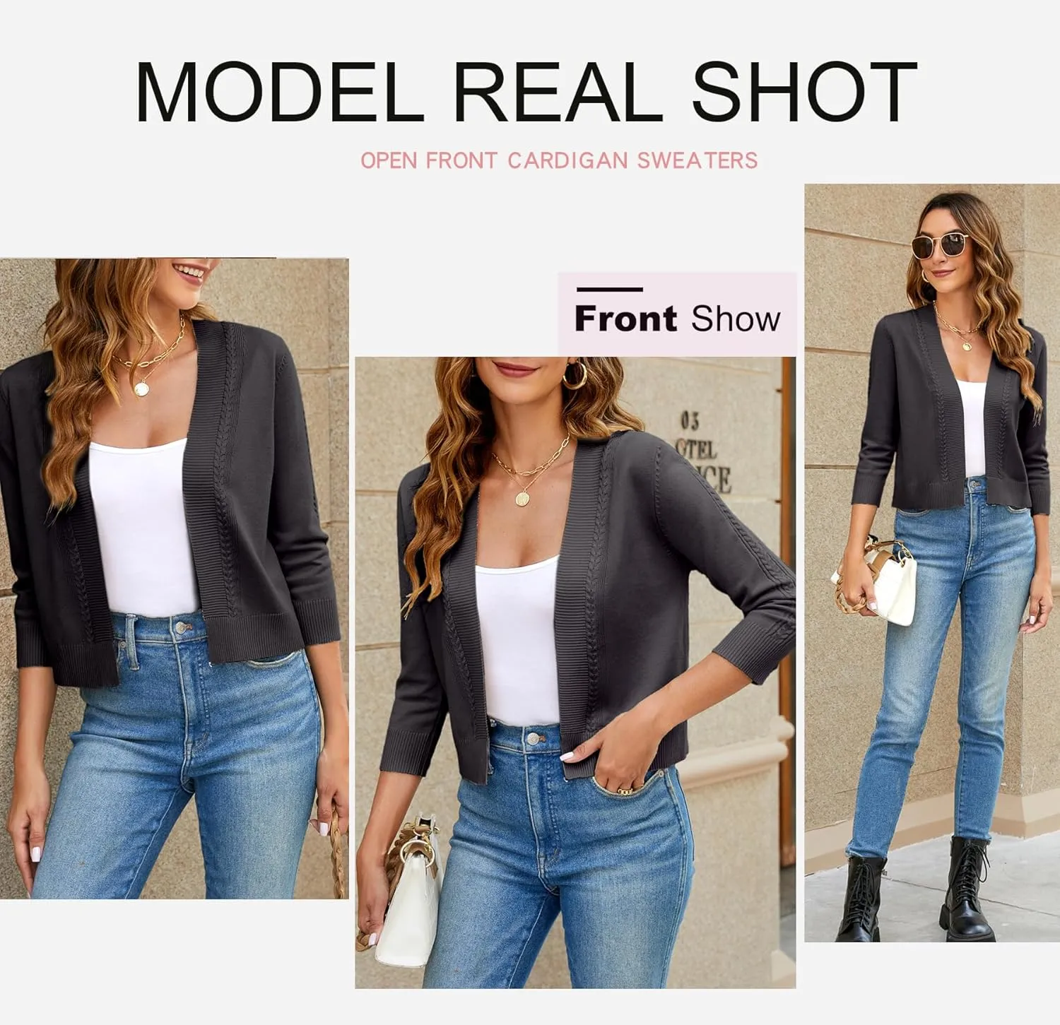 Women's Cropped Cardigan Sweater 3/4 Sleeve Open Front Bolero Shrug Sweaters Soft Cotton Knit Jacket Top