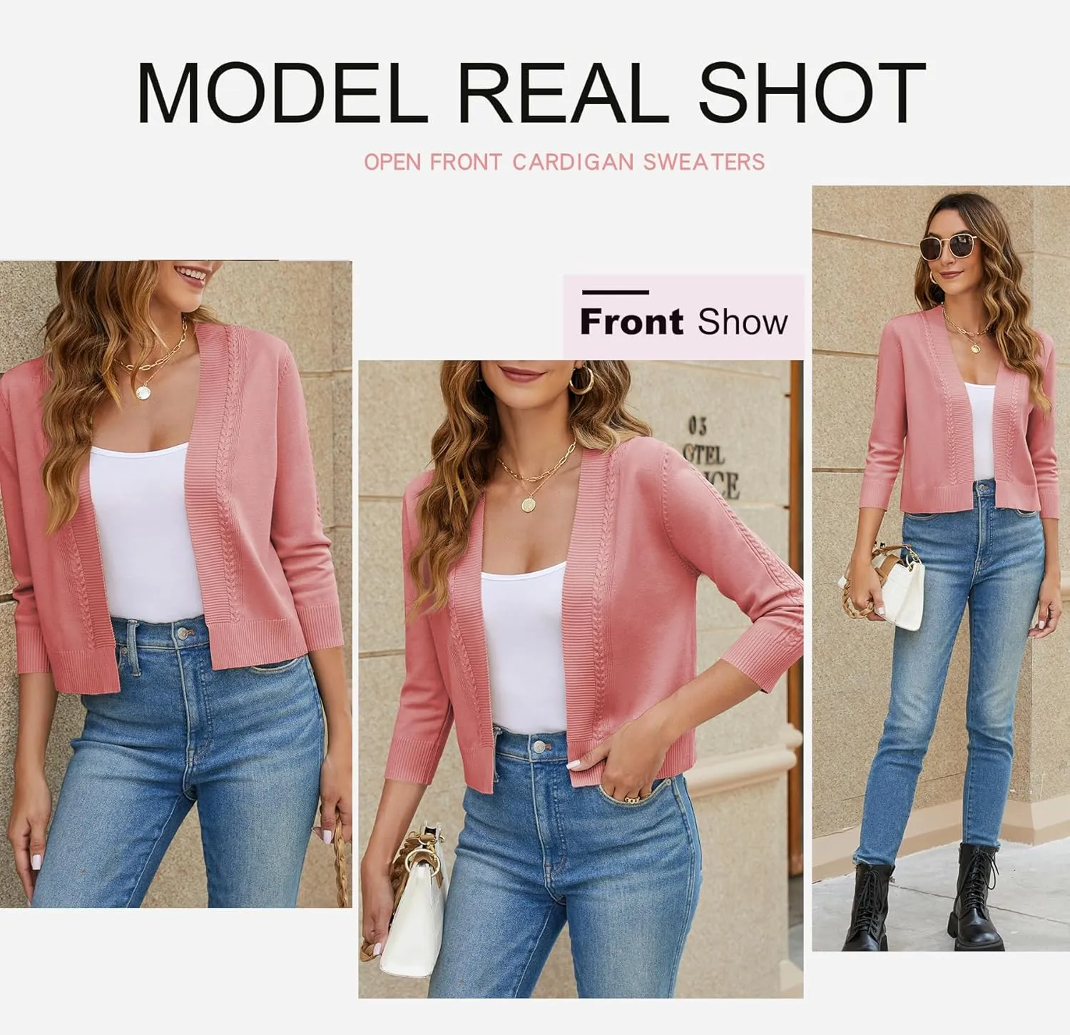 Women's Cropped Cardigan Sweater 3/4 Sleeve Open Front Bolero Shrug Sweaters Soft Cotton Knit Jacket Top