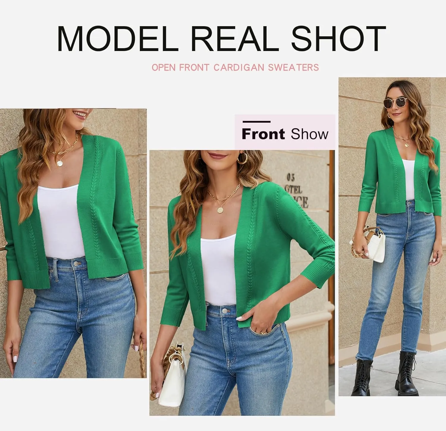 Women's Cropped Cardigan Sweater 3/4 Sleeve Open Front Bolero Shrug Sweaters Soft Cotton Knit Jacket Top