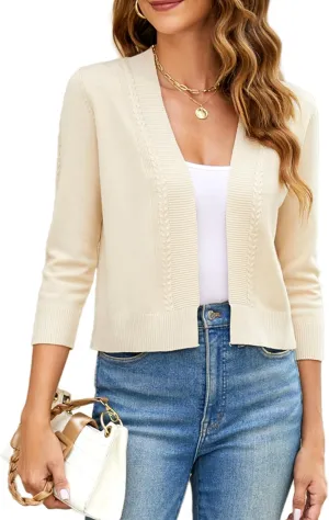 Women's Cropped Cardigan Sweater 3/4 Sleeve Open Front Bolero Shrug Sweaters Soft Cotton Knit Jacket Top